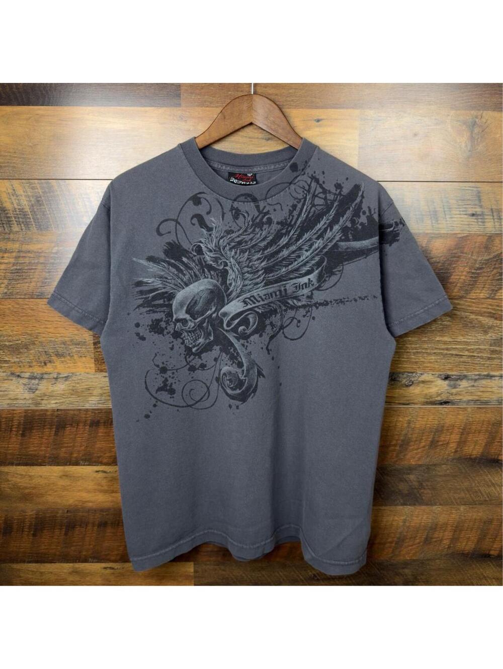 Y2K Miami Ink Skull Wings Graphic T-Shirt Gray Tattoo Biker Tee Medium
